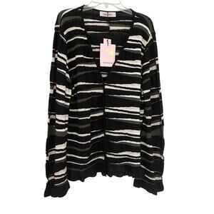 Aldo + Martins Black Abstract Stripe Alpaca Wool Ruffle Hem Cardigan Sweater NWT